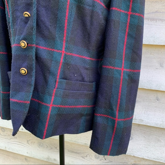 Vintage 80s Green Plaid Collared Velour V-Neck Button Down Long Sleeve Blazer - Picture 10 of 16